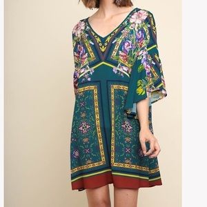 Umgee Teal 3/4 Sleeve Floral Scarf Print Dress